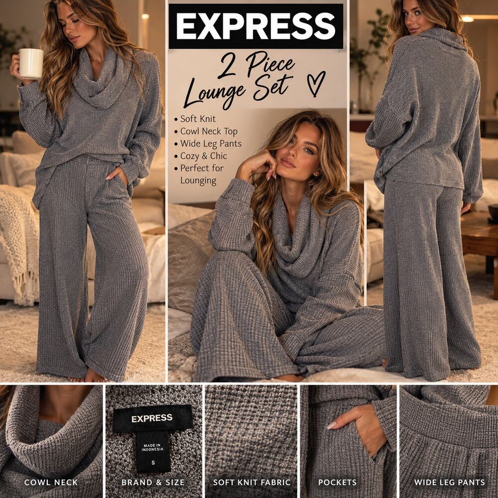 Express Metallic Waffle Knit 2 Piece Lounge Set S XS Cowl Neck Wide Leg Gray